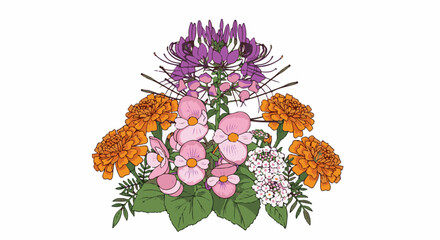 Obraz premium A vibrant, stylized floral arrangement featuring orange marigolds, pink begonias, and purple spider flowers