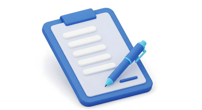 Blue plastic clipboard with an attached matching pen presented as a three dimensional icon for professional business organization and efficient task management in a modern corporate office or educatio
