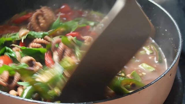 Close-up of spicy stir-fried baby octopus with red and green chili peppers cooking in a hot pan, authentic Asian seafood dish
