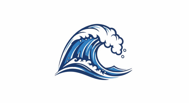 A stylized, powerful blue wave with white foam crests and scattered bubbles against a plain background