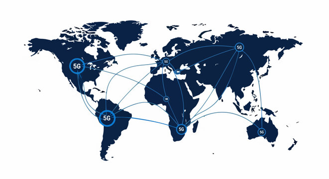 Global 5G Network Connection Map Illustrating Worldwide High-Speed Internet Coverage and Wireless Telecommunication Technology Infrastructure