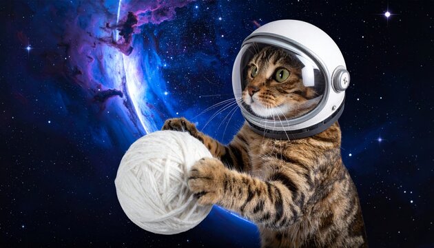 Cat astronaut playing with a planet in space