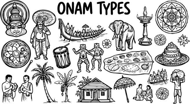 Onam Festival Elements  Kerala Culture - Detailed Black and White Line Art Icons for Indian Traditions