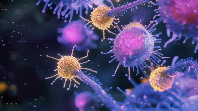 A microscopic view of dendritic cells presenting antigens to T cells and triggering an immune response.