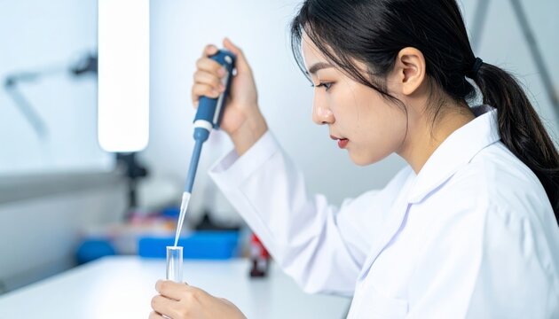 Scientist precisely measures liquid with a pipette in laboratory