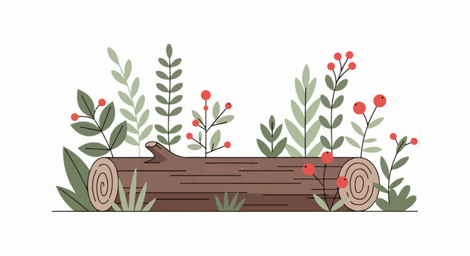 A stylized illustration of a fallen log adorned with leaves and red berries amidst greenery