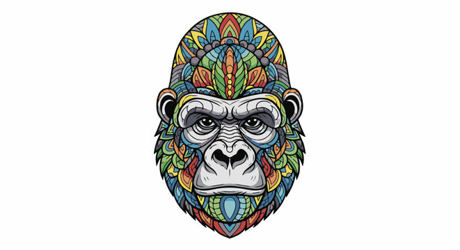 A striking, stylized gorilla face adorned with vibrant, intricate mandala-like patterns in a spectrum of colors