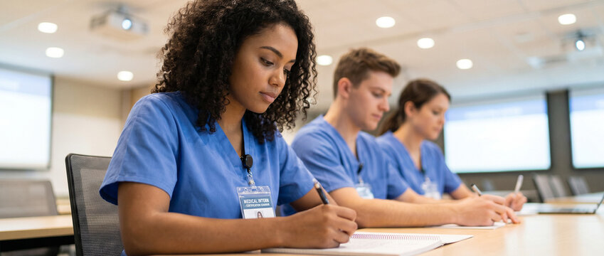 Portrait of a focused African American female medical intern taking notes during a healthcare certification training seminar, AI generated