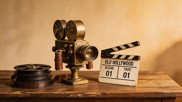Vintage movie camera and clapperboard