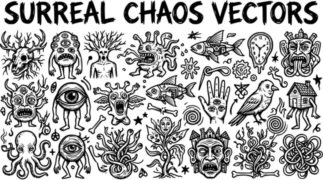 Black and White Surreal Chaos Vectors: Hand-Drawn Fantasy  Horror Art Illustrations with Grotesque Creatures, Abstract Symbols  Weird Objects Set.
