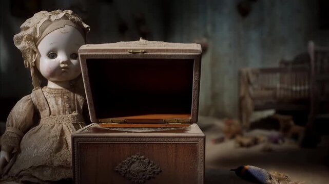 Creepy Nursery With Broken Porcelain Doll. Eerie Vintage Nursery Scene With Cracked Paint And Dust Motes
