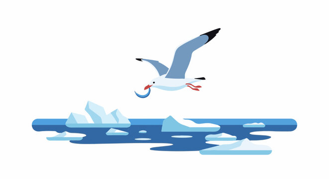 A stylized seagull with fish in beak flies over ice floes in blue water
