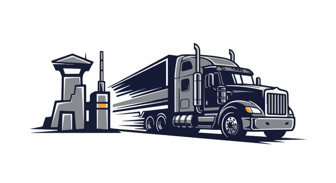 A stylized semi-truck drives past a modern checkpoint structure