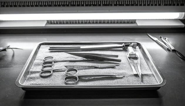 Surgical Dissection Kit Instruments Arranged on Tray