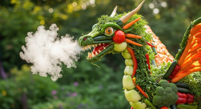 colorful dragon statue breathing smoke outdoors.