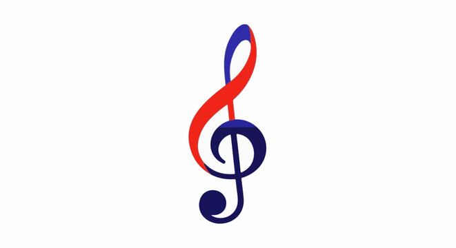 A stylized treble clef, colored red and dark blue, on a white background