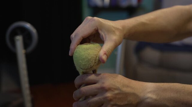 Person installs tennis balls onto walker legs to help an elderly user glide more easily across floors, improving mobility, stability, and reducing friction during walking assistance. 15134