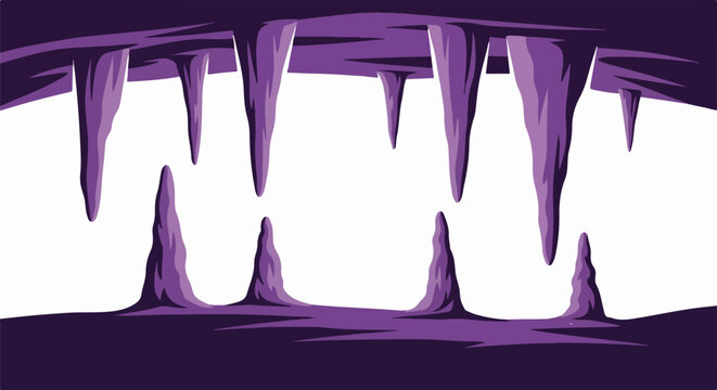 A stylized, abstract depiction of a cave interior with purple stalactites and stalagmites against a white background