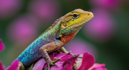 Fototapeta premium Colorful lizard on pink flowers outdoor.