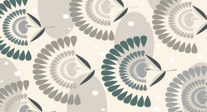 Retro midcentury floral pattern with grey fan shapes and geometric leaves on beige background for vintage inspired textile design.