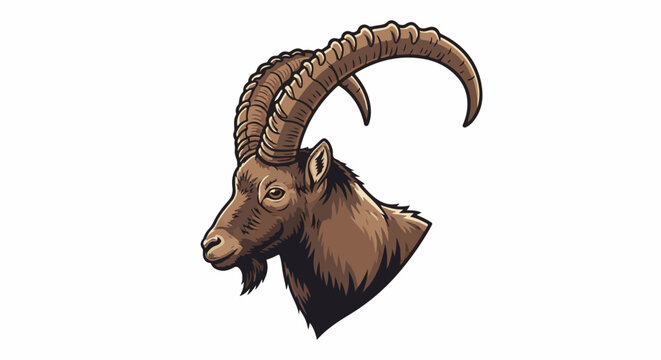 A stylized brown ibex head with large, curved, ridged horns against a white background