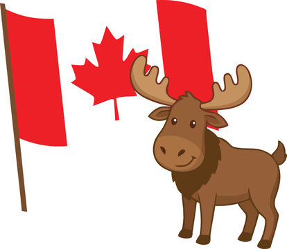 Cute cartoon moose with Canadian flag, Canada day celebration vector character illustration