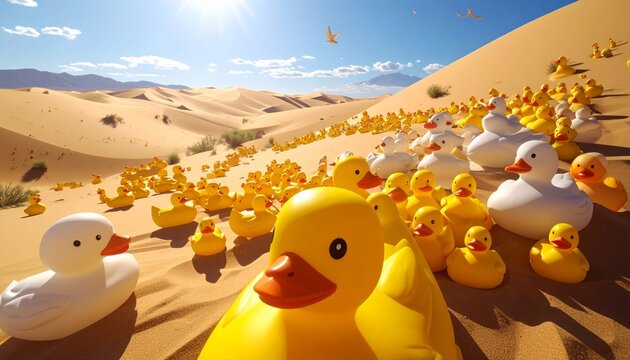 A Flock of Rubber Ducks Migrating Across Desert Dunes