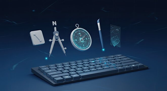 Computer keyboard with navigation tools floating.