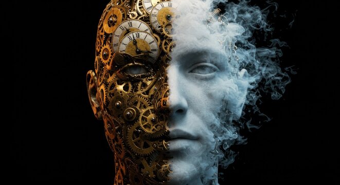 Contrasting Human Face with Gear and Smoke.