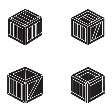 Four different isometric views of wooden shipping crates with white outlines on a plain white background used for packaging and storage