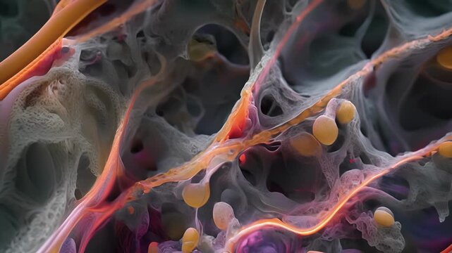 High magnification image of chondrocytes secreting and maintaining the extracellular matrix of the cartilage including collagen fibers and proteoglycans.