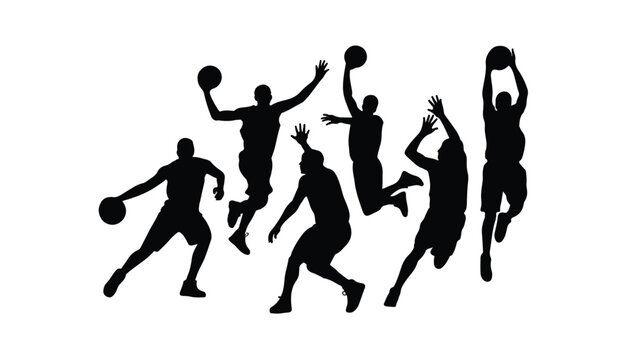 Basketball players in action dribbling and jumping with a ball, basketball
