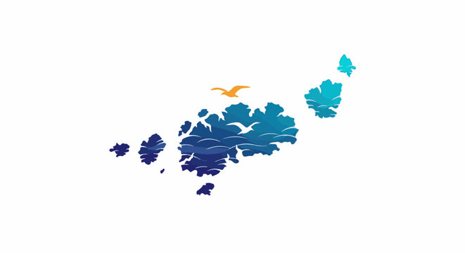 A stylized archipelago with a bird in flight, rendered in gradient blues and greens