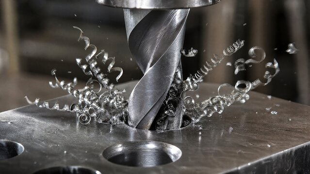 reaming. A metal drill bit reaming a hole in steel, with spiral metal shavings ejecting. safety posters, maintenance manuals, designed for precision metalworking and fabrication facilities.