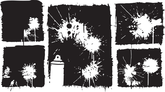 A collection of distressed black grunge square frames featuring white ink splatters, paint drips, and spray stains isolated on a white background.