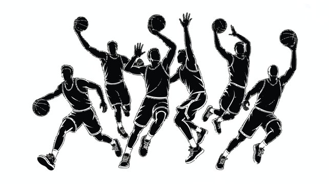 Silhouette of basketball players in action during a game with basketball