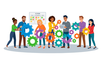 Fototapeta premium vector Diverse team of professionals collaborating and assembling gears representing teamwork and project management