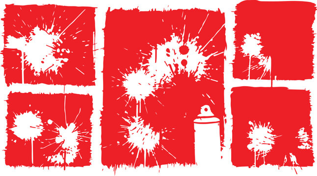 A collection of distressed red grunge square frames featuring white ink splatters, paint drips, and spray stains isolated on a white background.