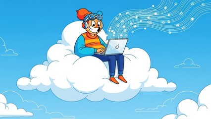 Fototapeta premium Character on a cloud working on a laptop, representing cloud computing.