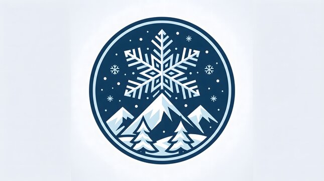 A circular vector badge illustration featuring a stylized winter landscape with snow-covered mountain peaks, pine trees, and a large detailed snowflake icon in the sky