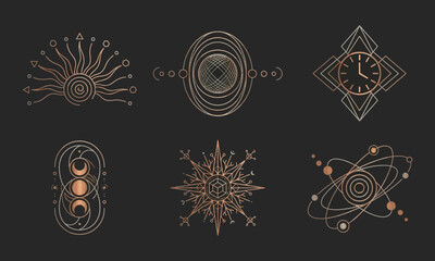 Sacred geometry celestial icons set, mystical rose gold alchemy symbols, esoteric astrology and cosmic line art elements on dark background © Fahad