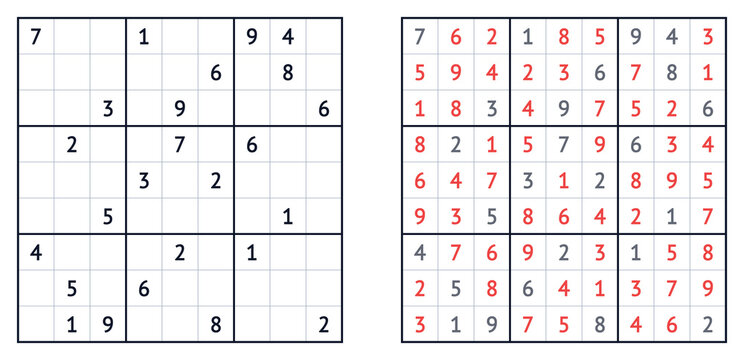 Sudoku puzzle showing blank grid and completed solution  