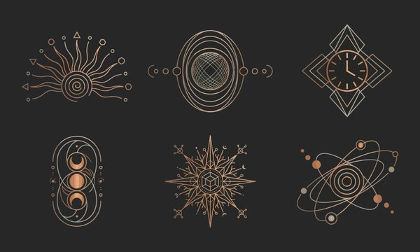 Sacred geometry celestial icons set, mystical rose gold alchemy symbols, esoteric astrology and cosmic line art elements on dark background