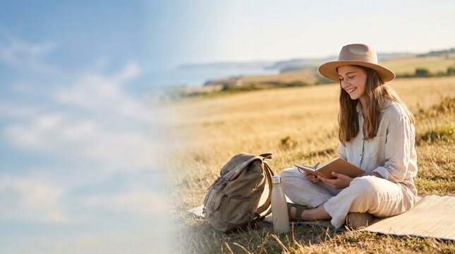 A young woman wearing a hat and casual clothes sits cross-legged in a dry, golden field, engrossed in reading a book next to her backpack.