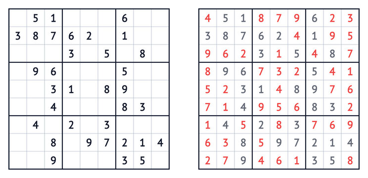 Sudoku puzzles with solutions in black and red numbers on grid