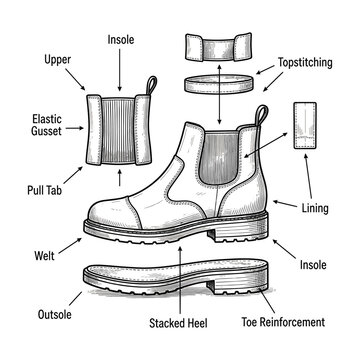 Exploded Anatomy Diagram of Chelsea Boot with Labeled Components, Technical Illustration