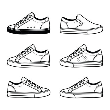  Casual Low-Top Sneakers and Canvas Shoes Flat Illustration Set, Multiple Views