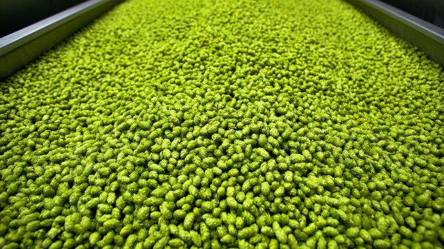 Close up of fresh green hops on metal conveyor belt in brewery processing facility, industrial harvest production concept with selective focus and shallow depth of field texture detail