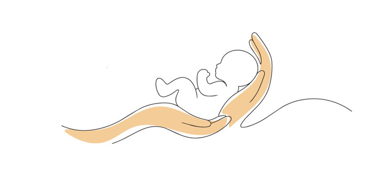One line drawing of abstract hands holding baby carefully. Continuous line of protective gesture. Care and parenting concept. Modern minimalist style. single line art vector illustration.