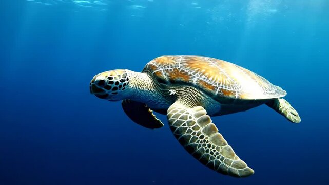 Majestic Sea Turtle Gliding Gracefully Through the Deep Blue Ocean Waters.
